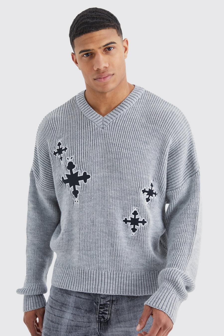 Grey Oversized Boxy Applique Cross Embroided Jumper image number 1