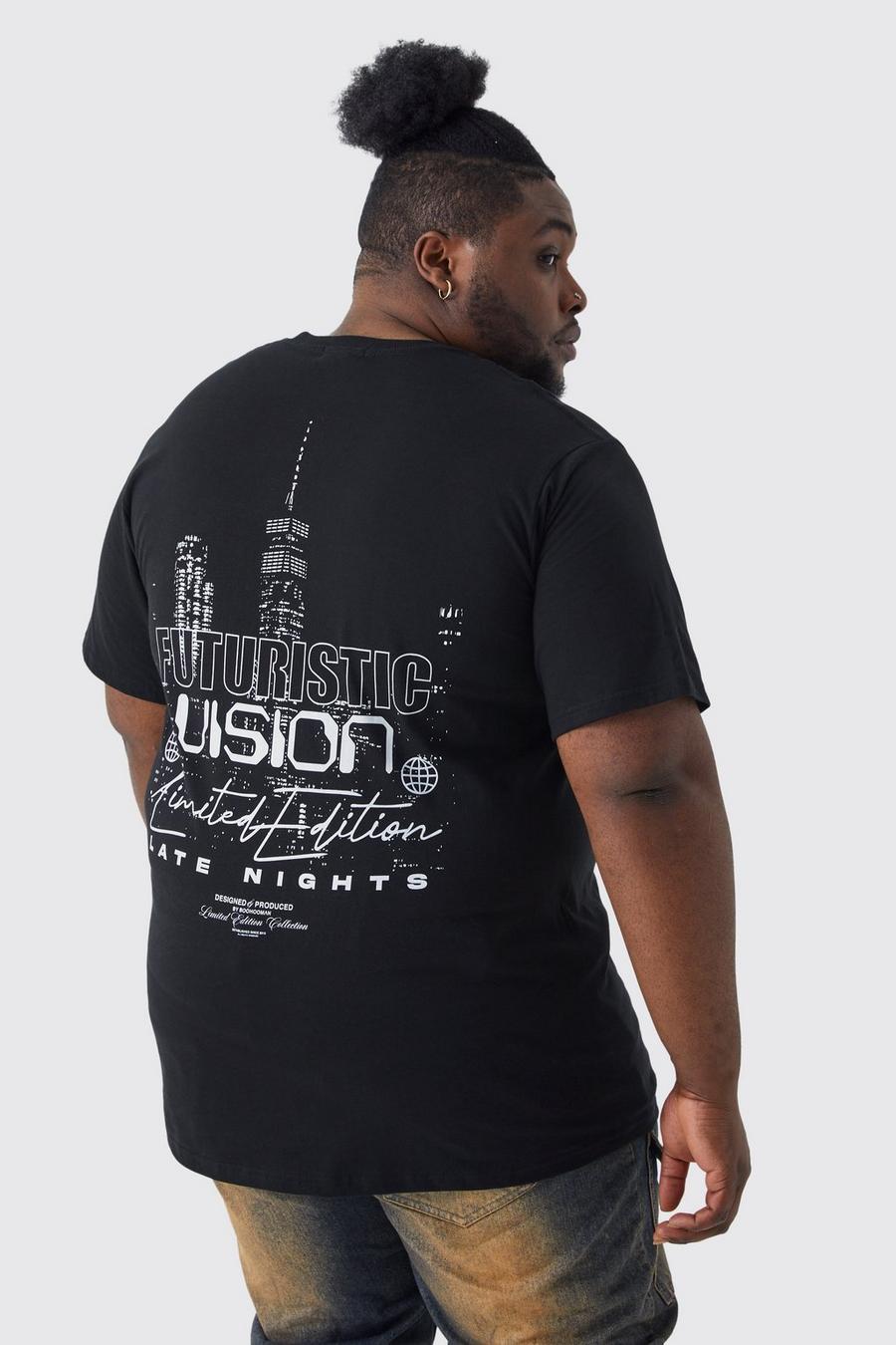 T-shirt Plus Size lunga con grafica di paesaggio, Black negro