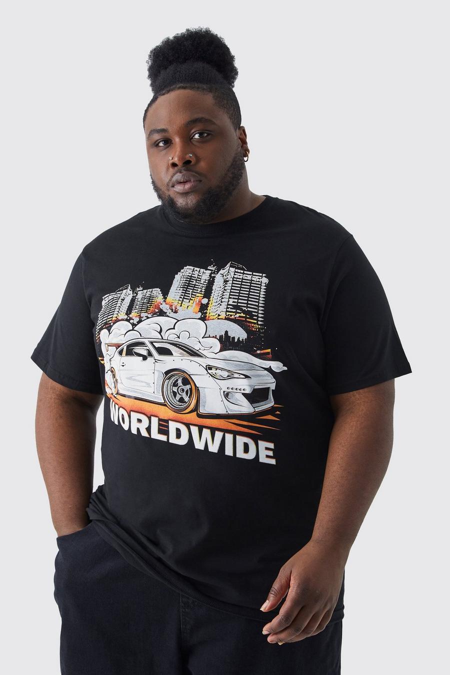 Black Plus Longline Worldwide Car Graphic T-shirt