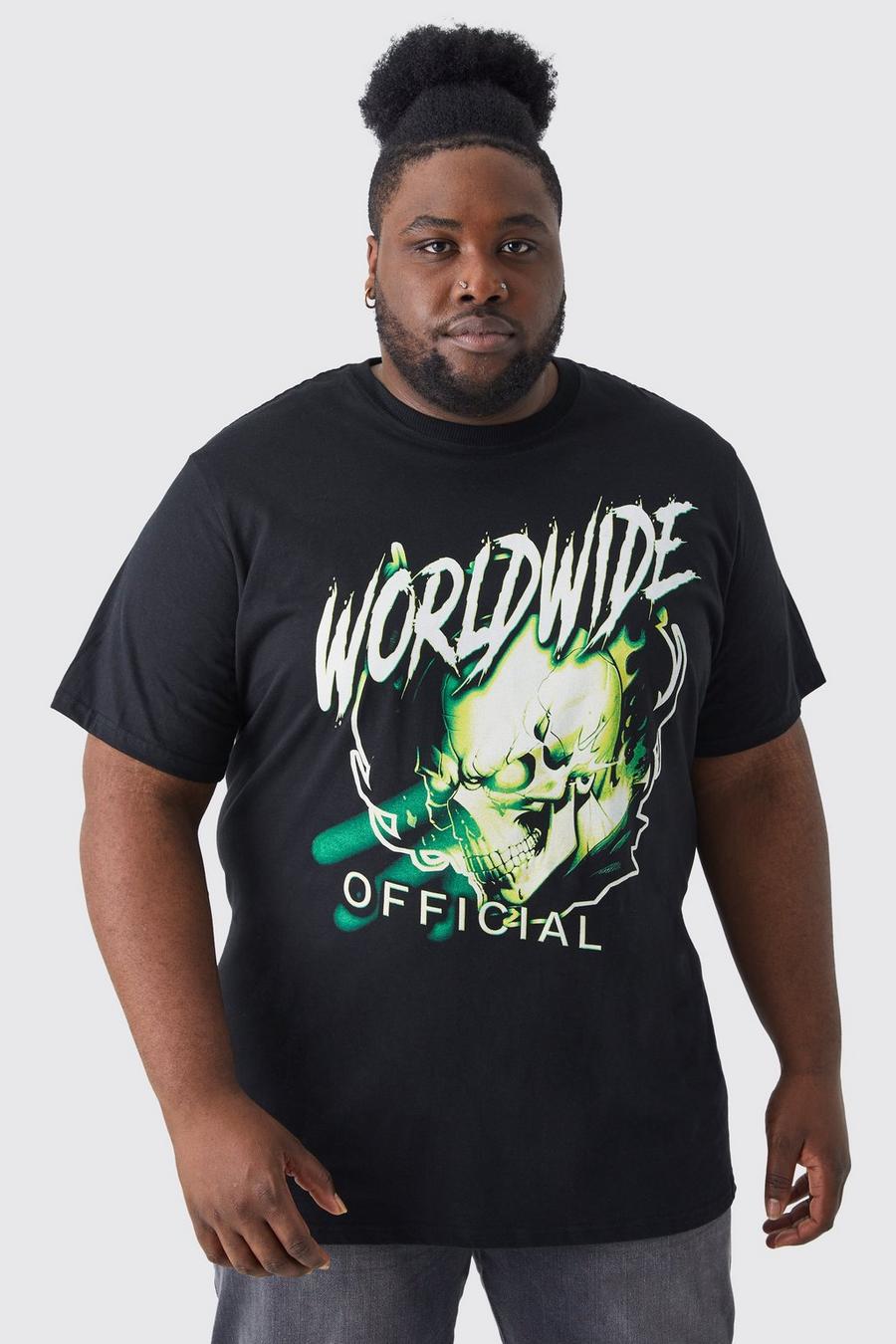 Black noir Plus Longline Worldwide Skull Graphic T-shirt