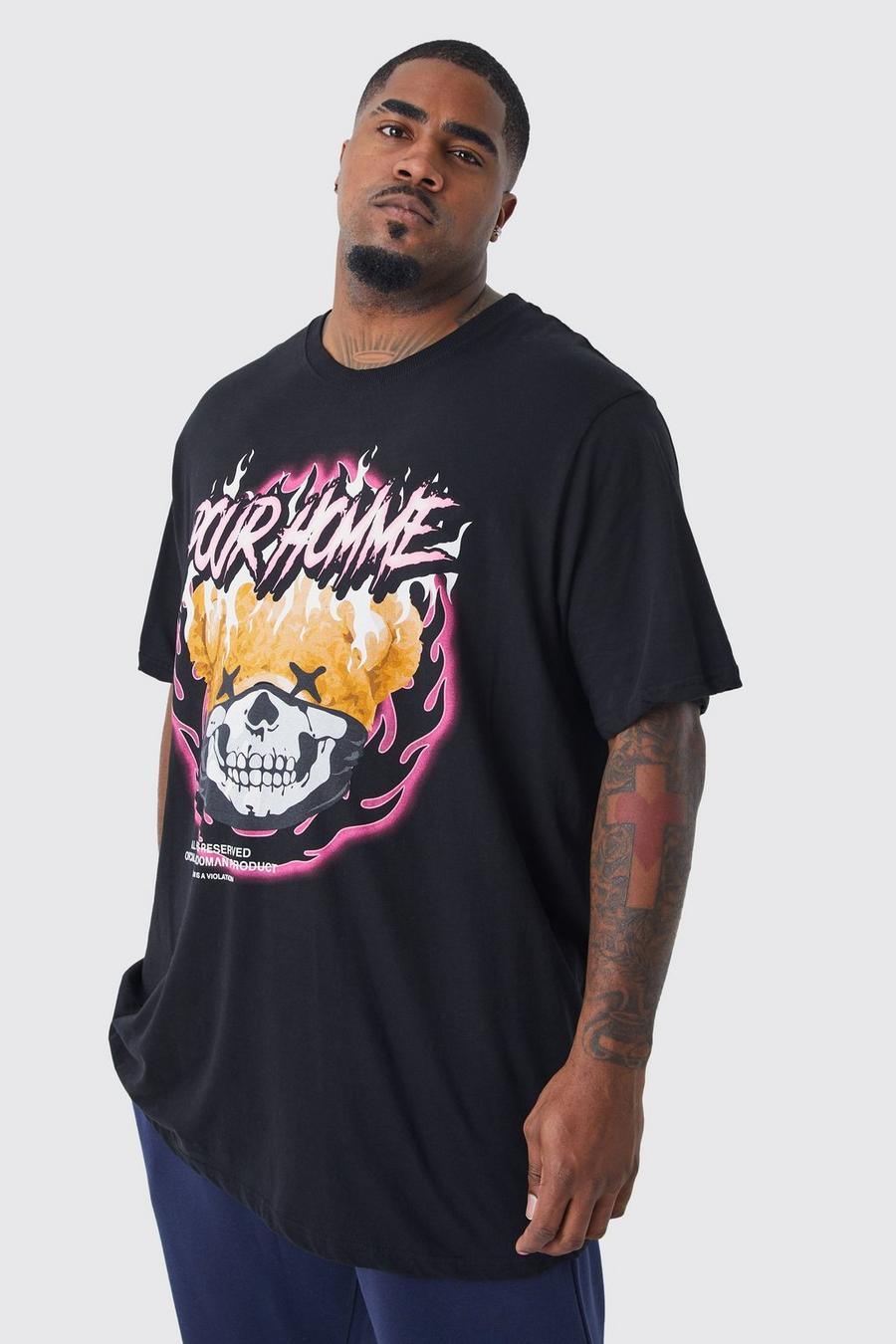 Plus T-Shirt mit Homme Bear Print, Black schwarz