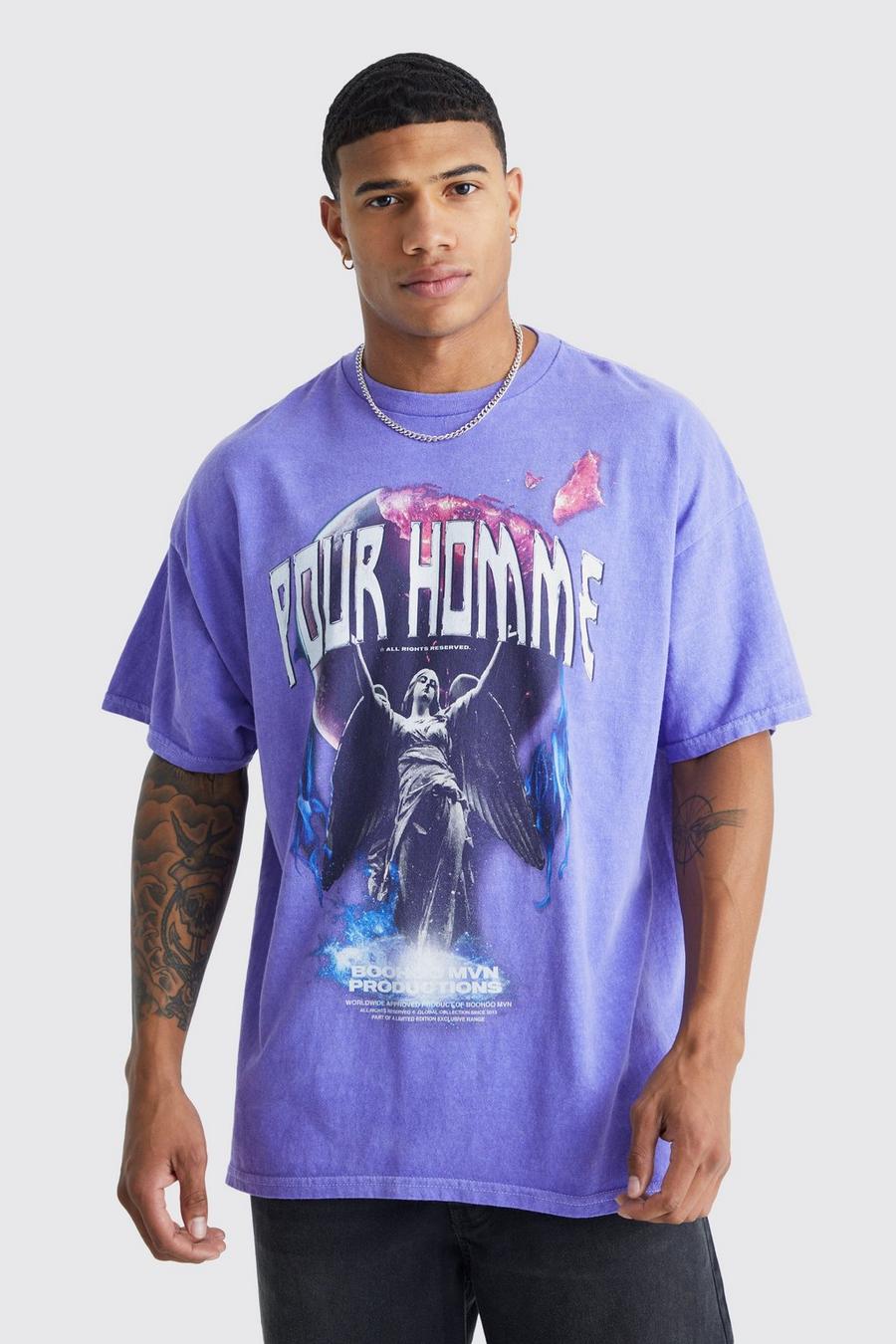 T-shirt oversize in lavaggio con grafica Pour Homme, Purple morado