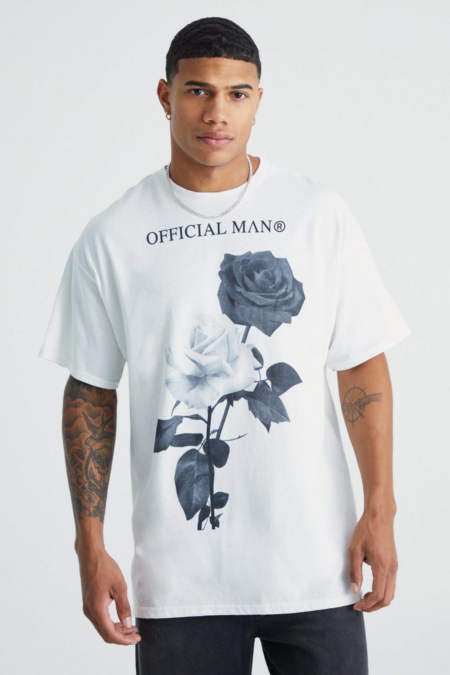 Oversize T-Shirt mit Rosen-Print, White image number 1