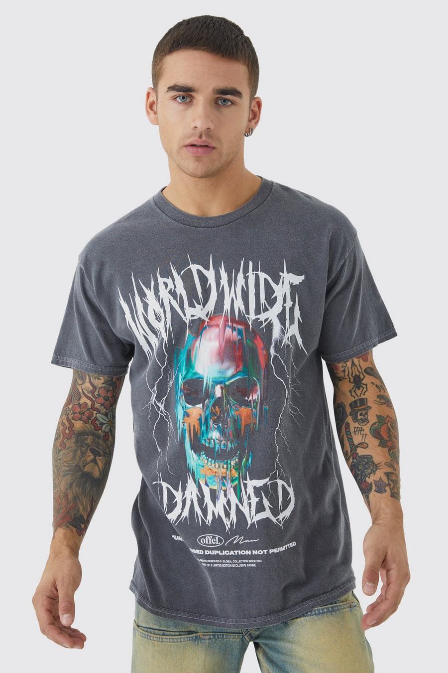 Oversize T-Shirt mit Totenkopf-Print, Charcoal grau