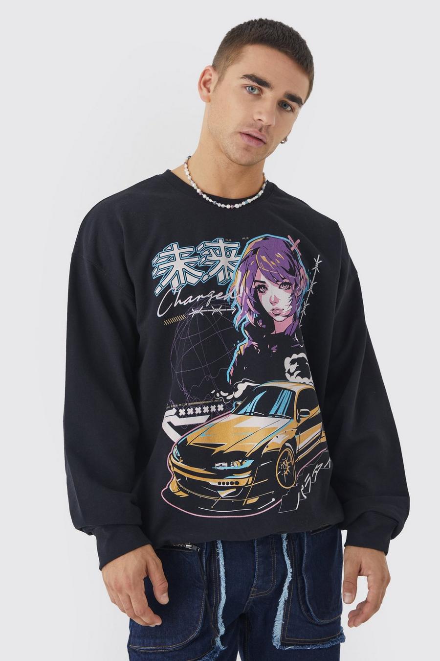 Black Oversized Anime Graphic Sweatshirt image number 1