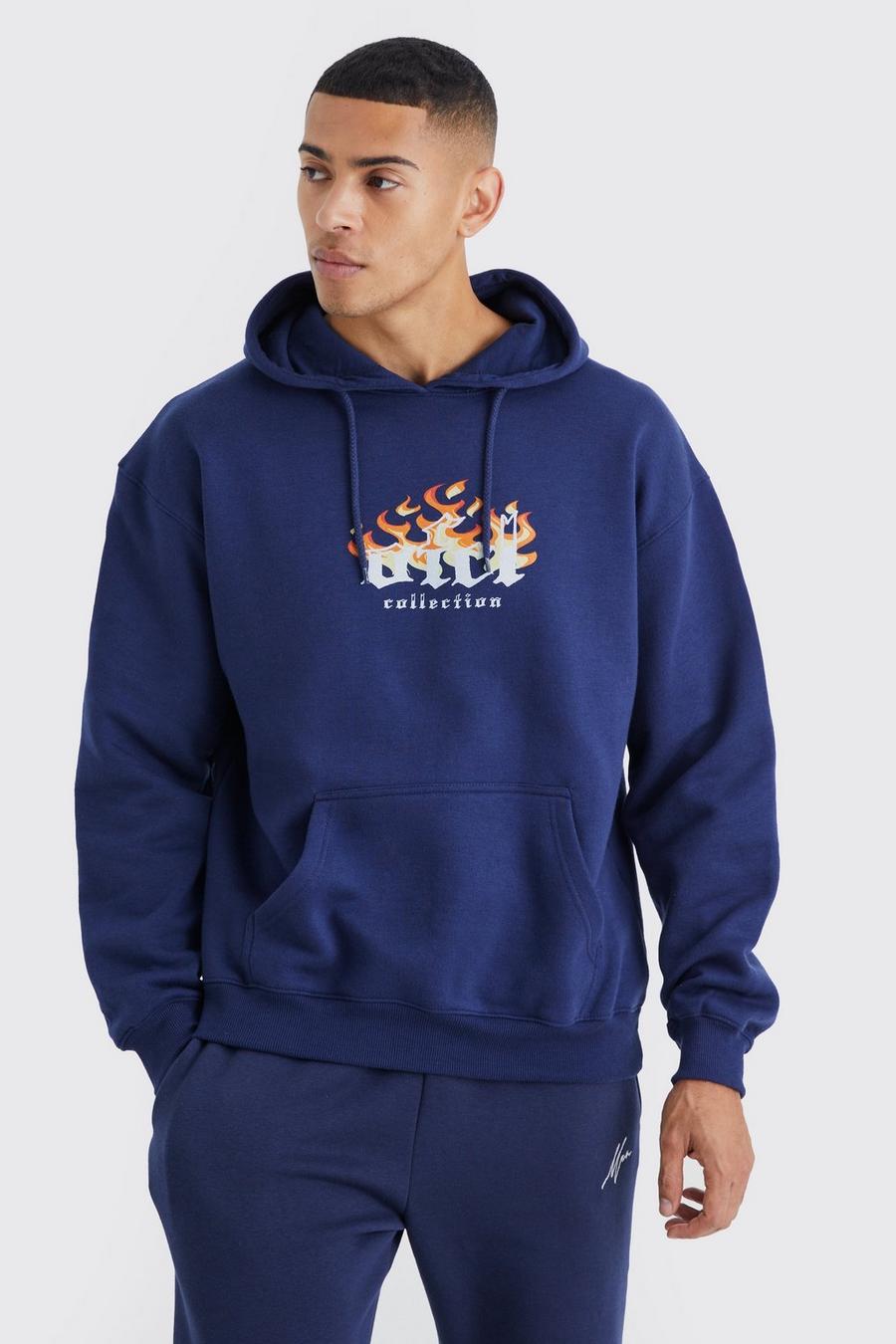 Navy Ofcl Oversize hoodie med eldsflammor image number 1