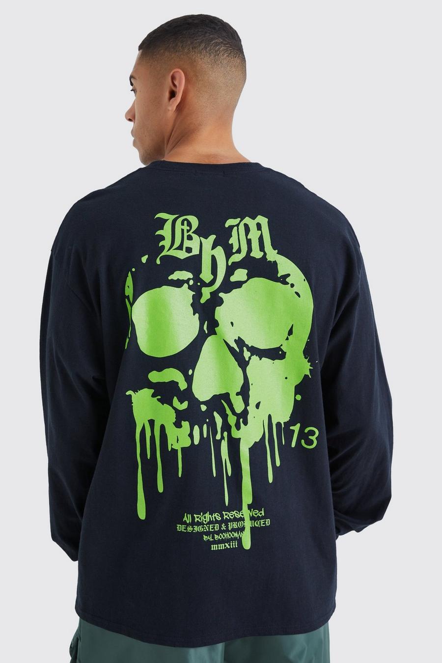 Black Oversized Long Sleeve Skull Graphic T-shirt image number 1