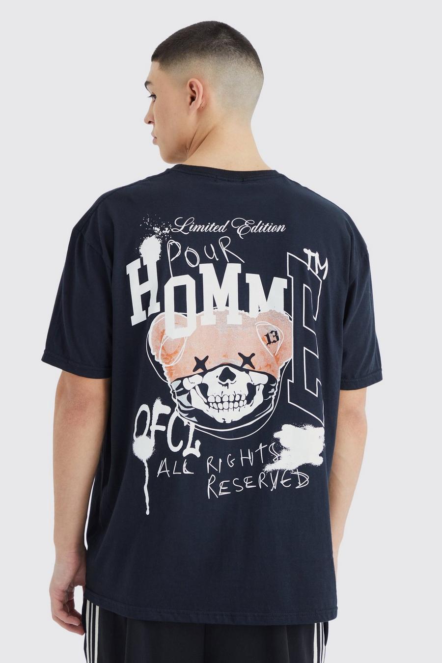 Camiseta oversize con estampado gráfico Pour Homme de oso, Black image number 1