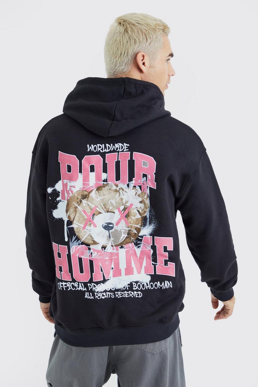 Black Oversized Pour Homme Bear Graphic Hoodie
