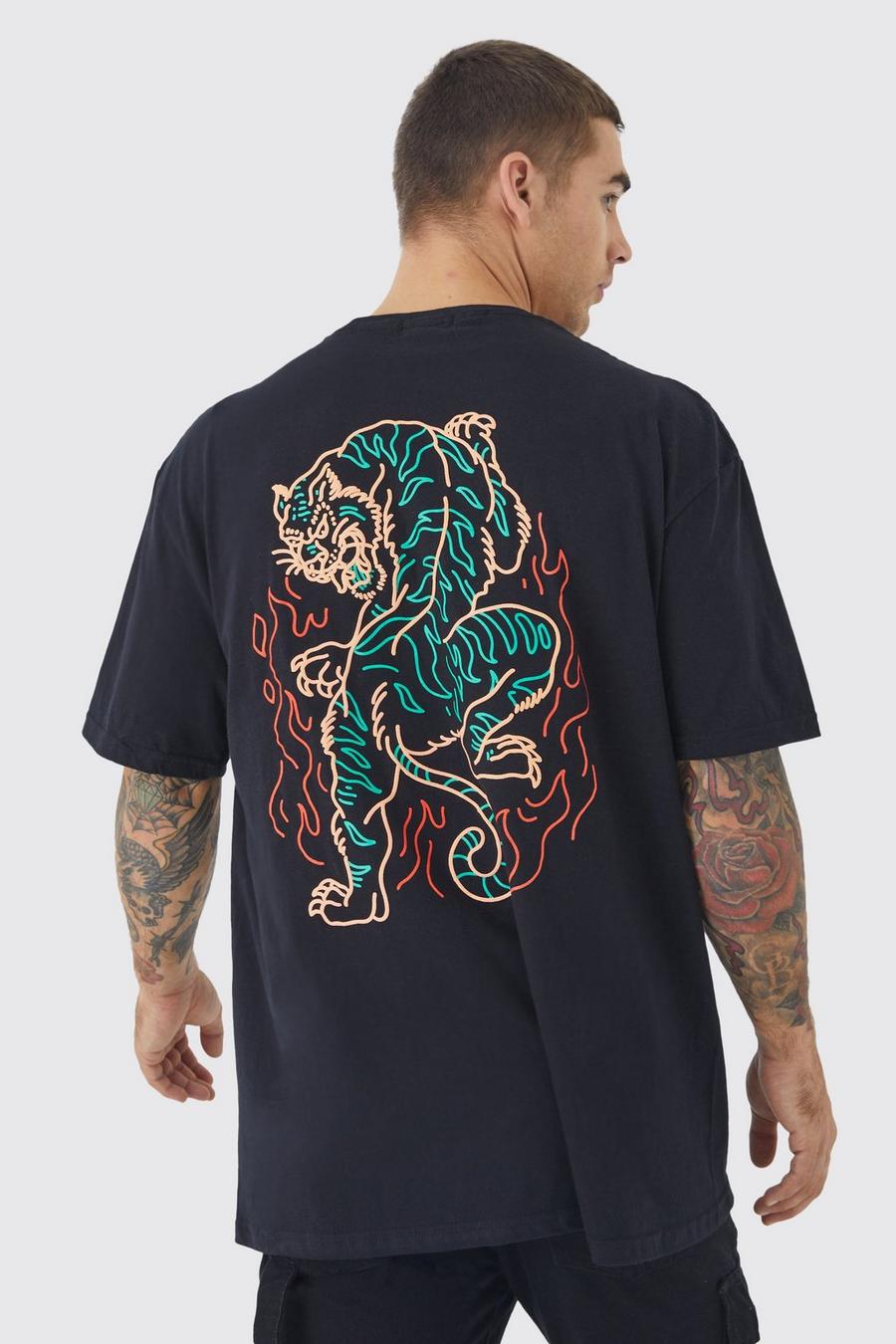 Oversize T-Shirt mit Tiger Glow Print, Black