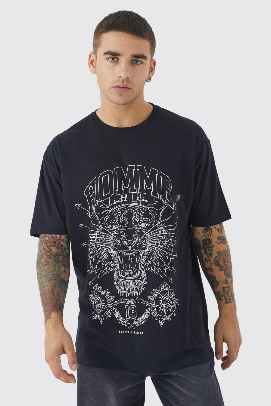 T-shirt oversize con grafica Homme, Black nero