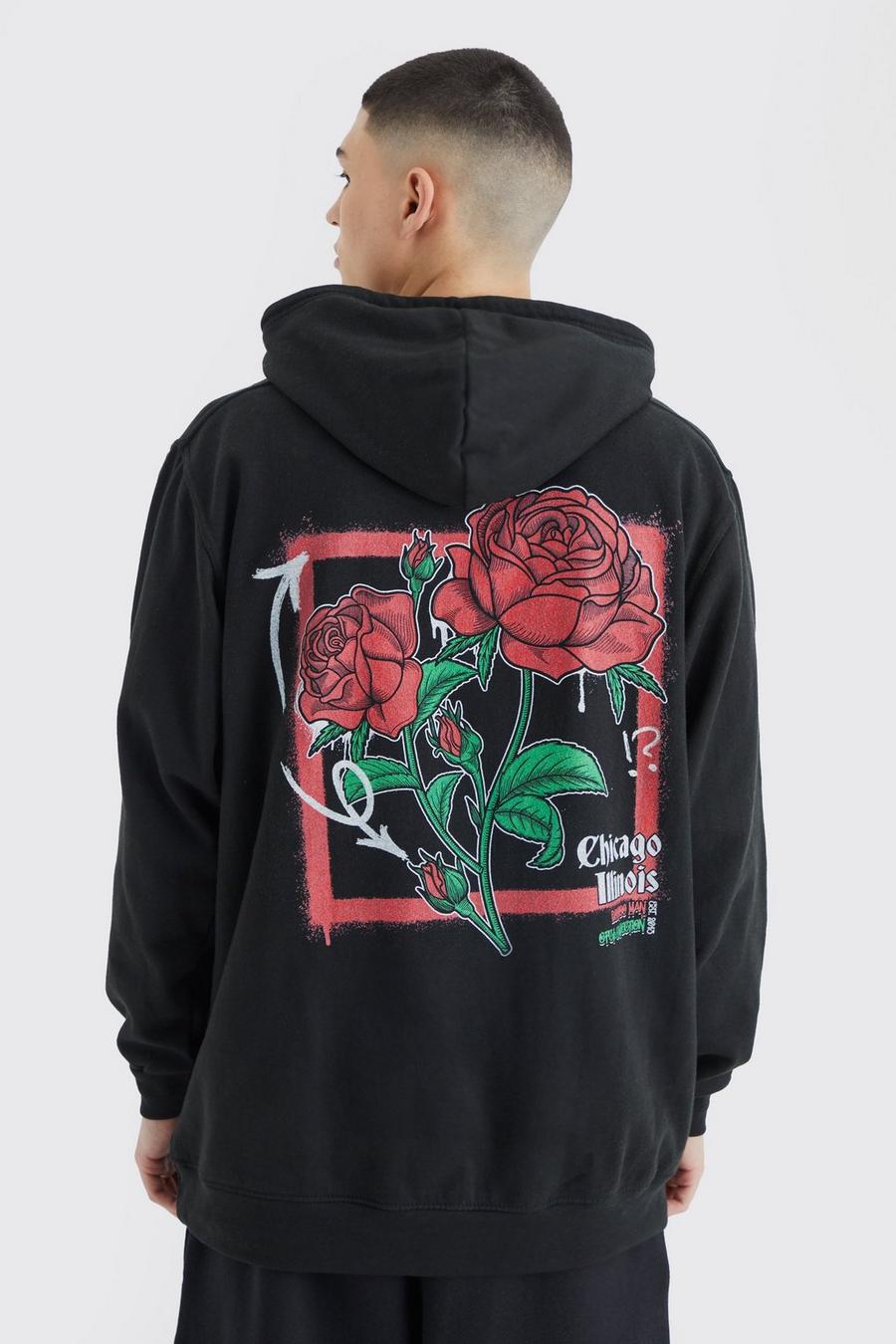 Sudadera oversize con capucha y estampado gráfico de rosas, Black