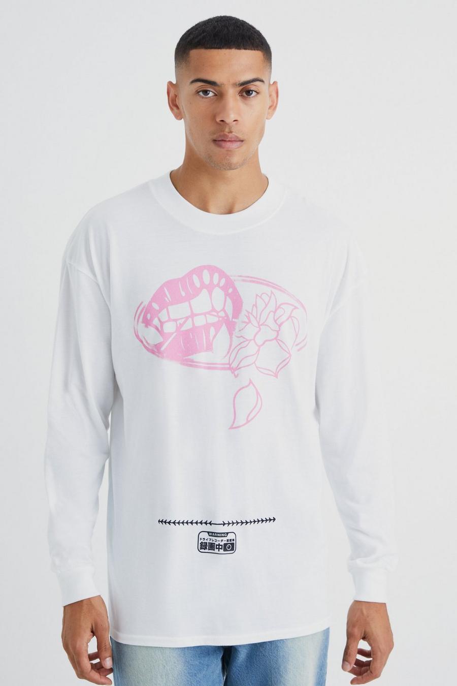 Camiseta oversize de manga larga con estampado gráfico de rosa, White image number 1
