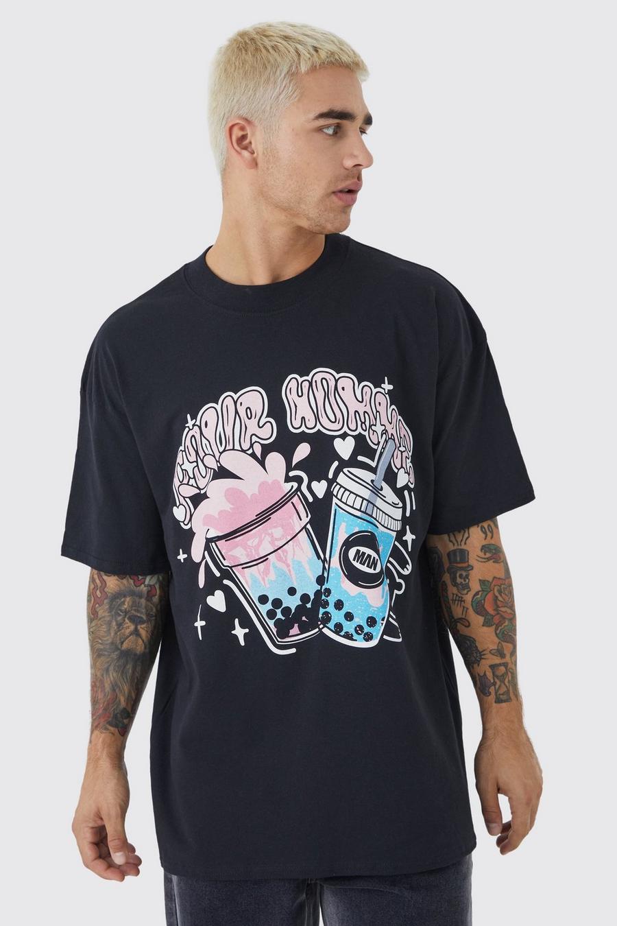 Camiseta oversize con estampado gráfico Pour Homme Tea, Black image number 1