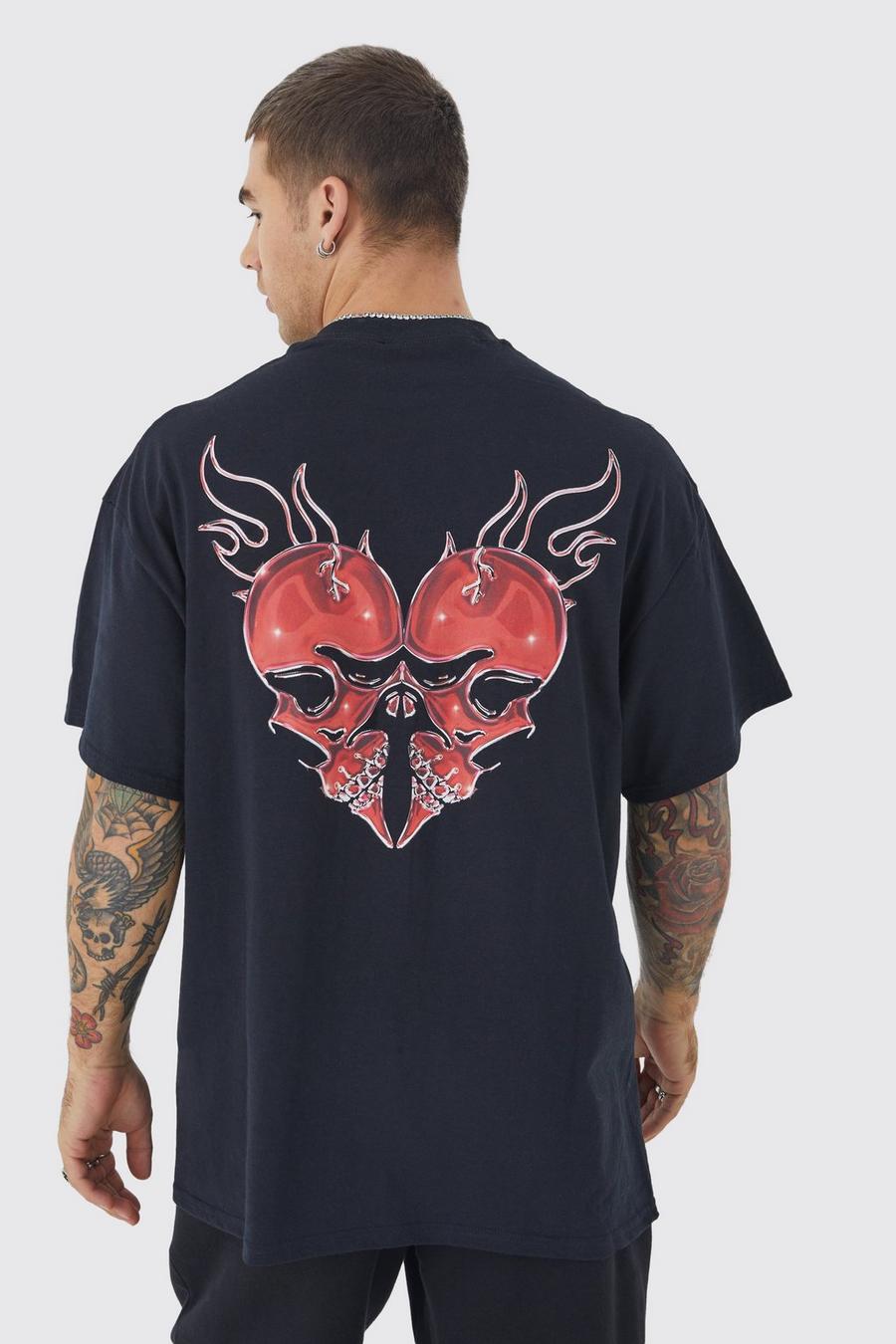 Black Oversized Skull Heart Graphic T-shirt  image number 1