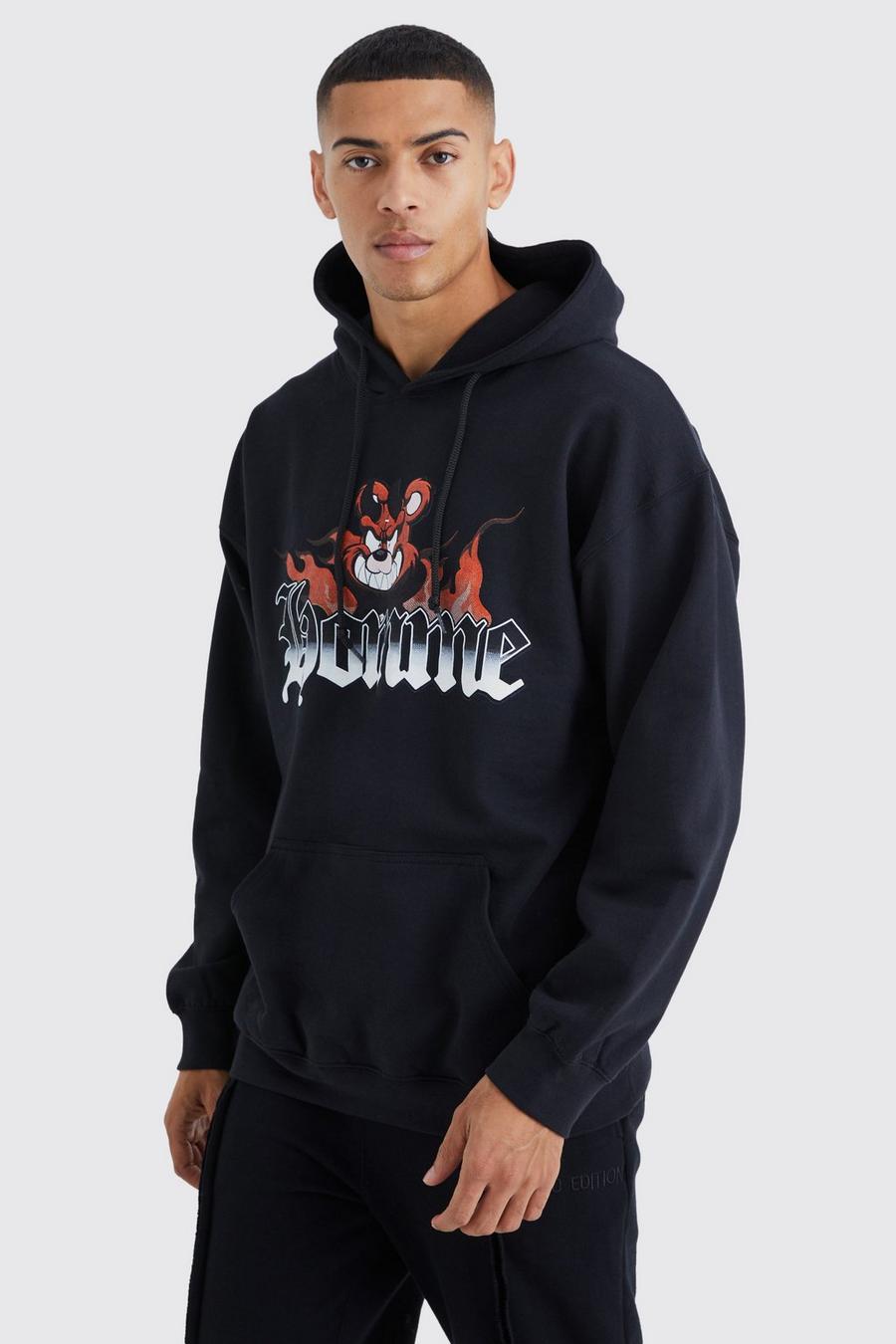 Black Oversized Homme Bear Graphic Hoodie