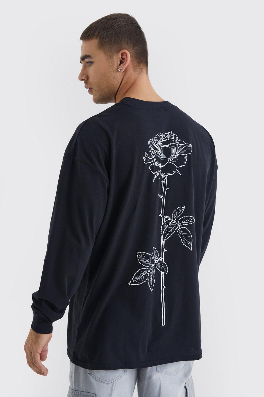 Black nero Long Sleeve Line Drawn Rose Print T-shirt