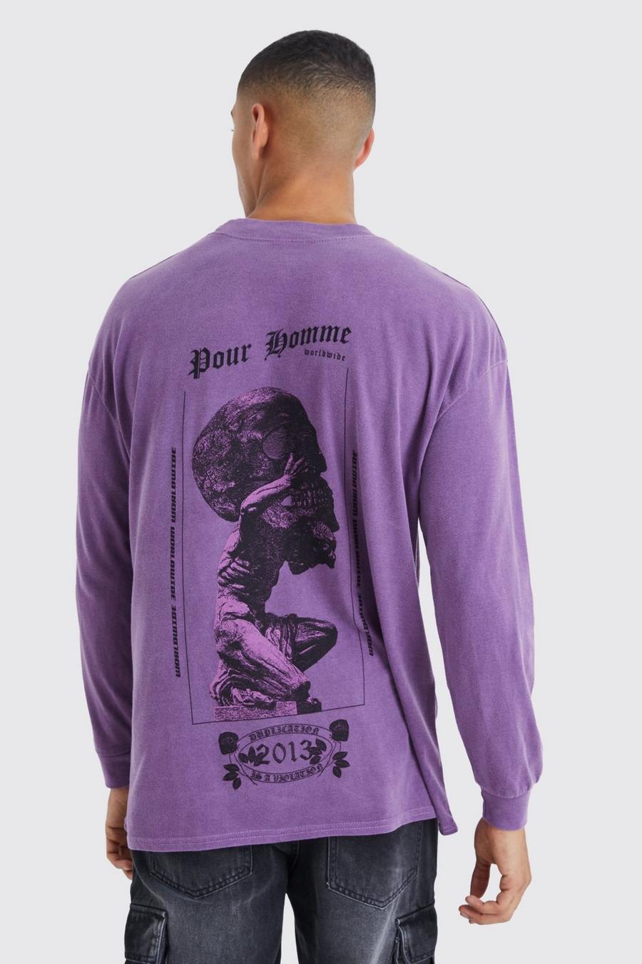 Camiseta oversize de manga larga sobreteñida con estampado de calavera, Purple image number 1