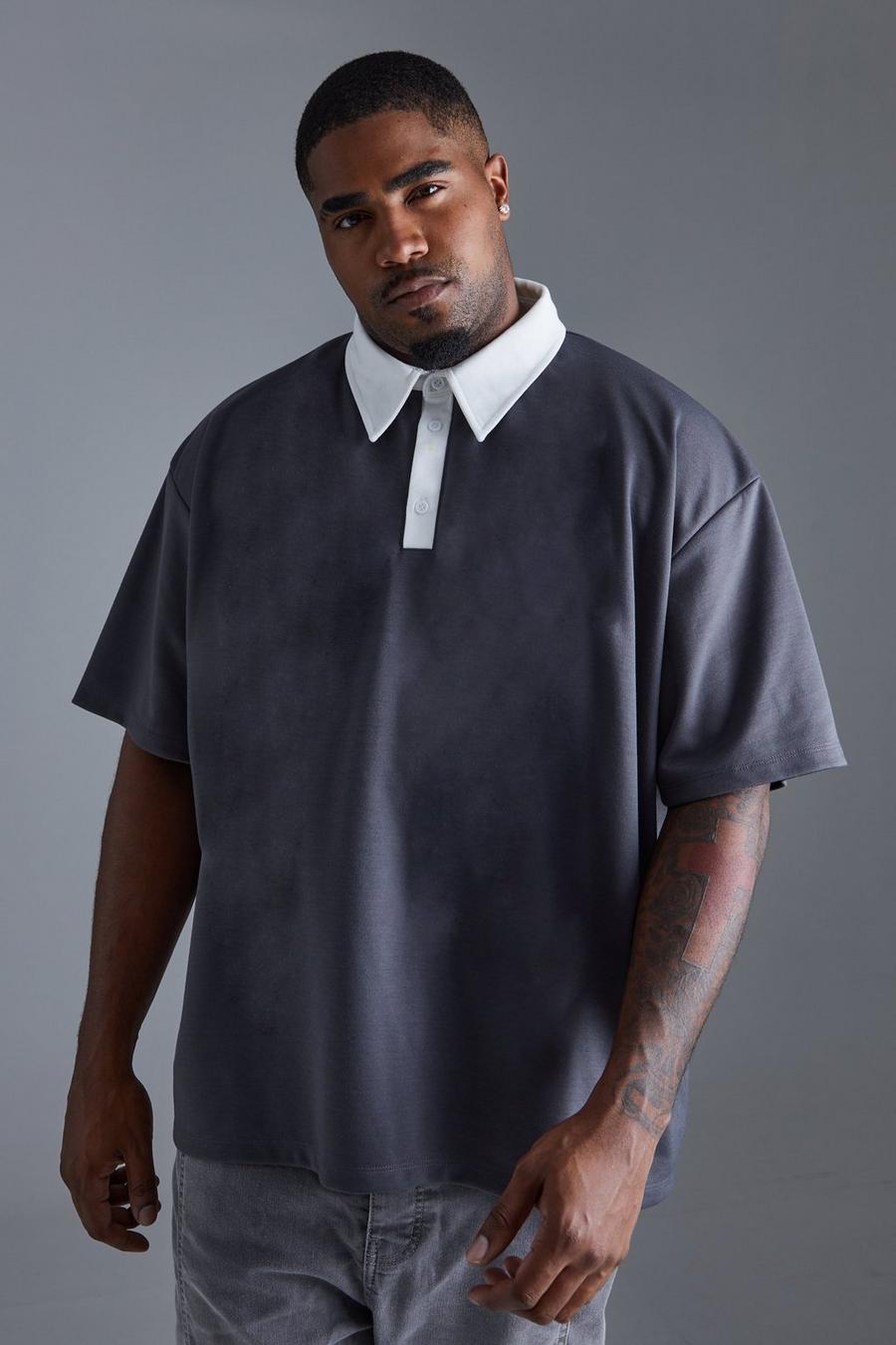 Charcoal Plus Oversized Contrast Collar Interlock Polo  image number 1