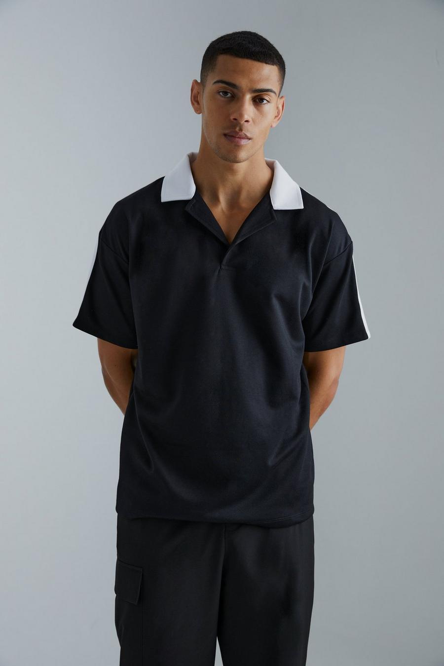 Black Oversized Revere Taped Polo image number 1