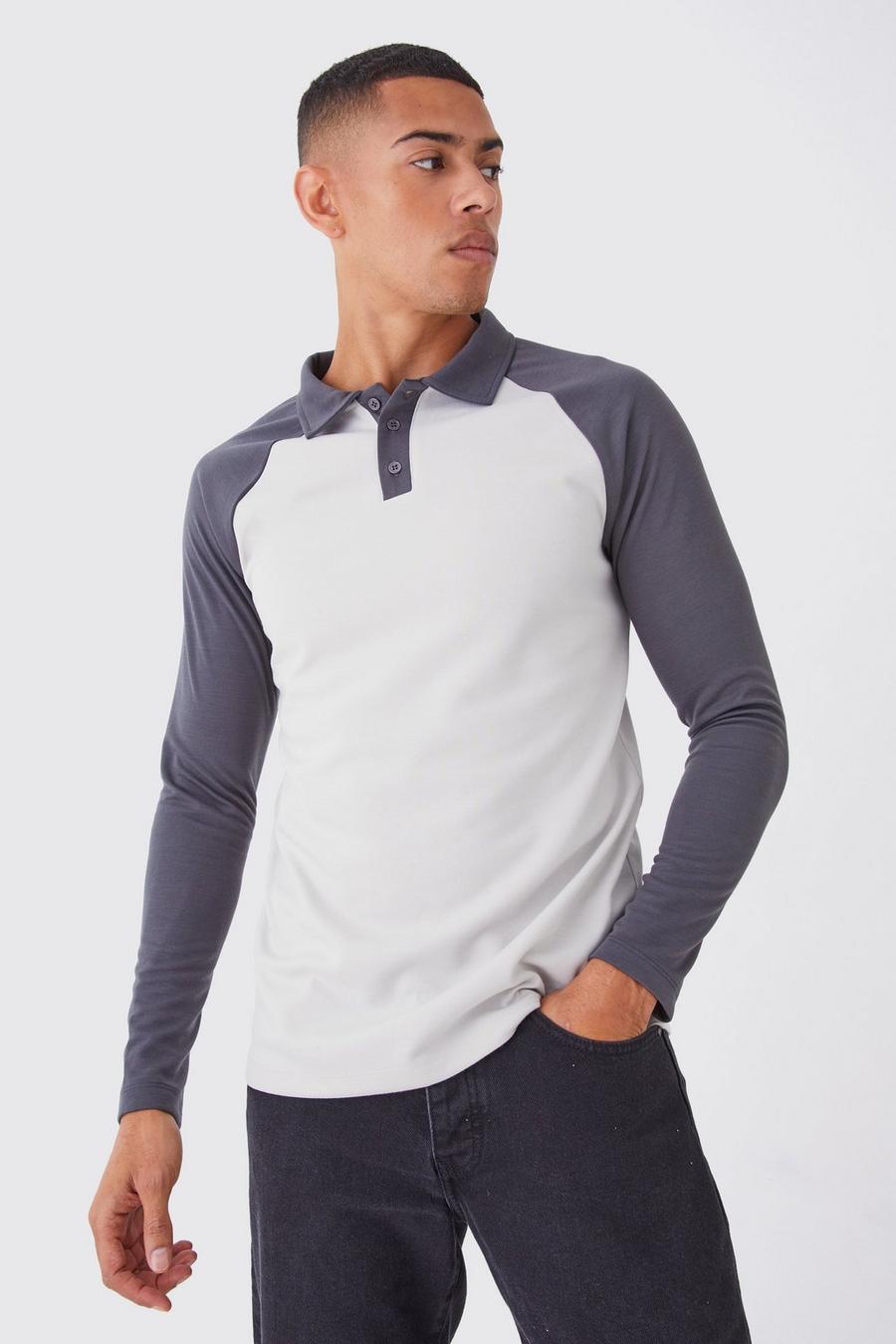 Langärmliges Slim-Fit Colorblock Poloshirt, Light grey