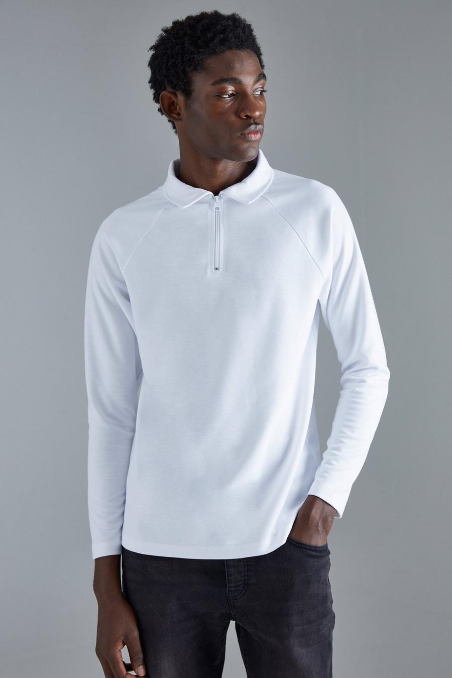 White Slim Raglan Long Sleeve Interlock Polo