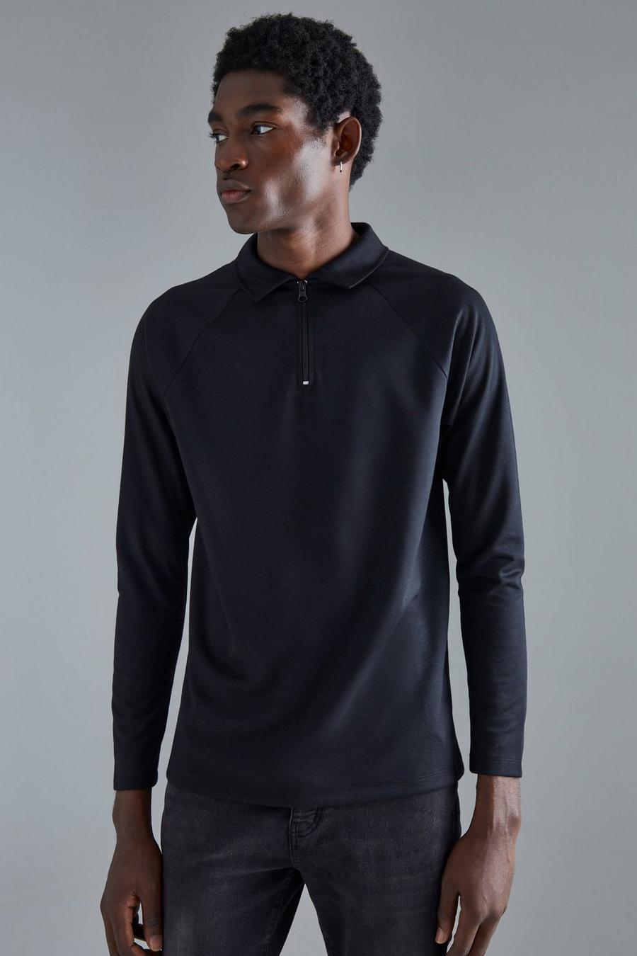 Langärmliges Slim-Fit Raglan Poloshirt, Black