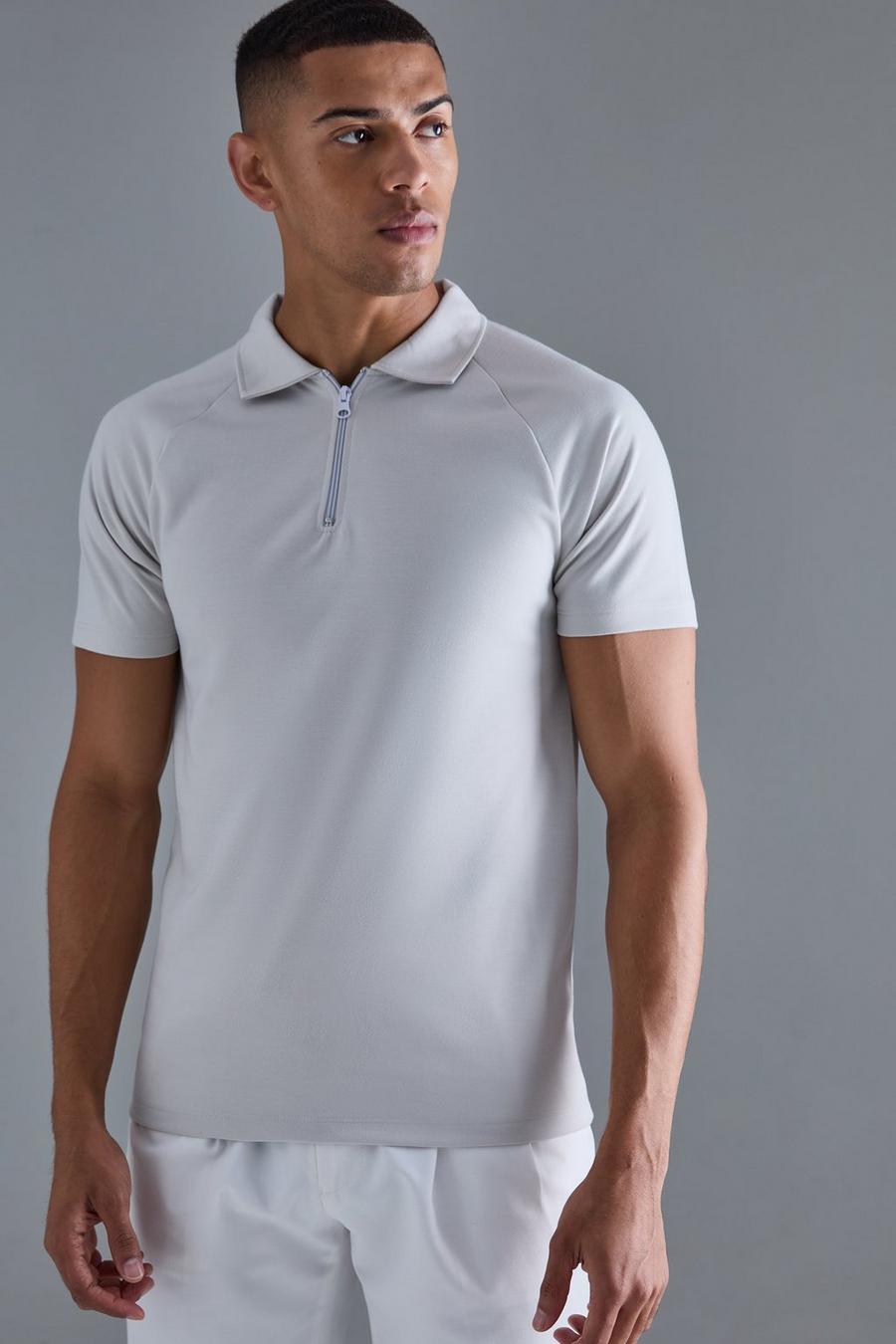 Slim-Fit Raglan Poloshirt mit Reißverschluss, Light grey