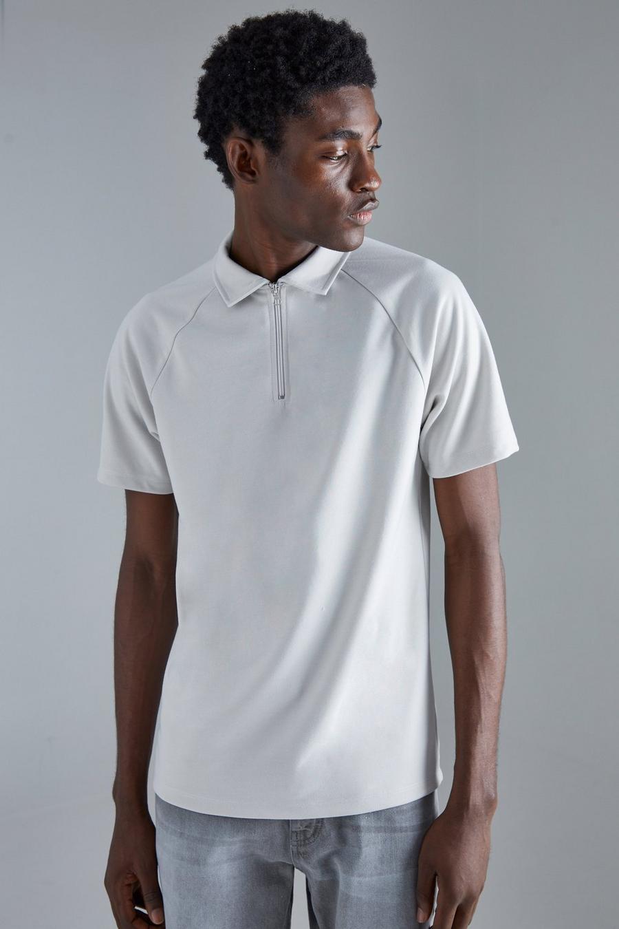 Slim-Fit Raglan Poloshirt mit Reißverschluss, Light grey