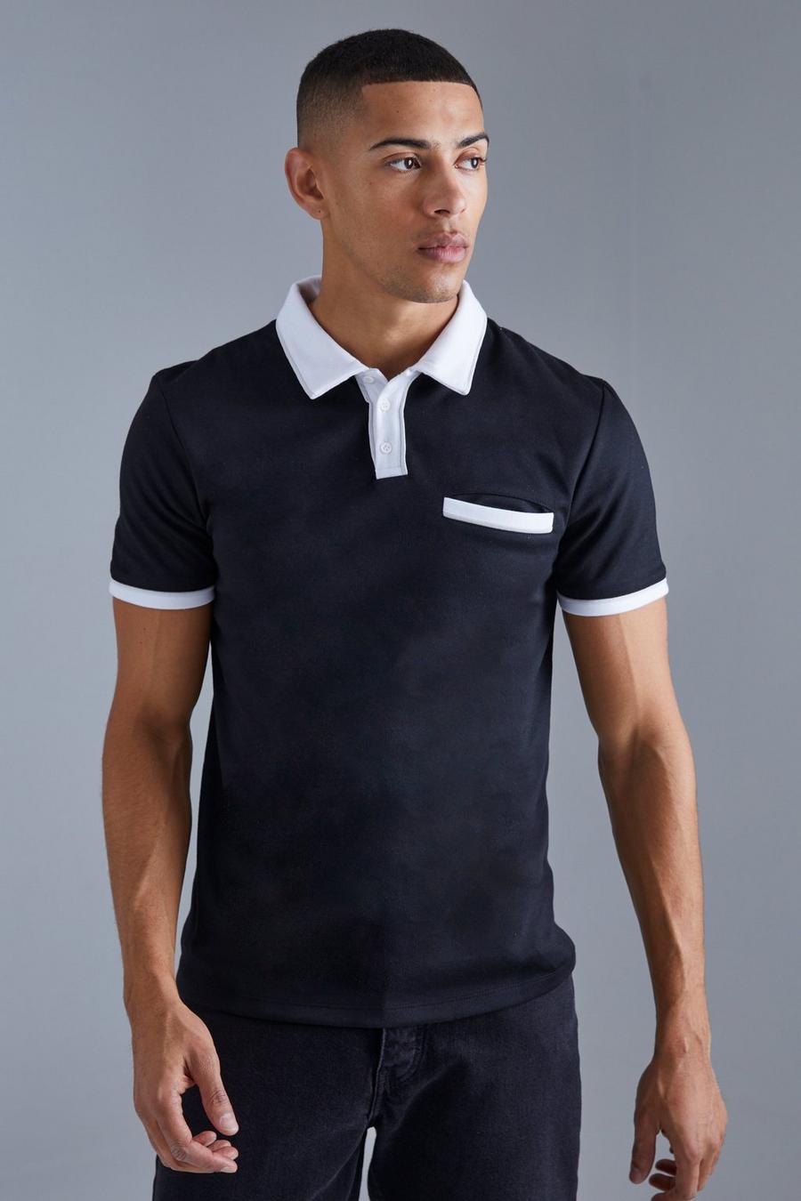 Slim-Fit Poloshirt mit Kontrast-Kragen, Black
