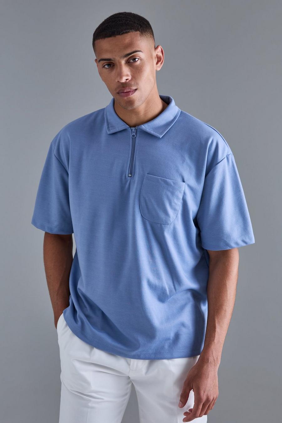 Oversize Poloshirt mit Taschen, Dusty blue