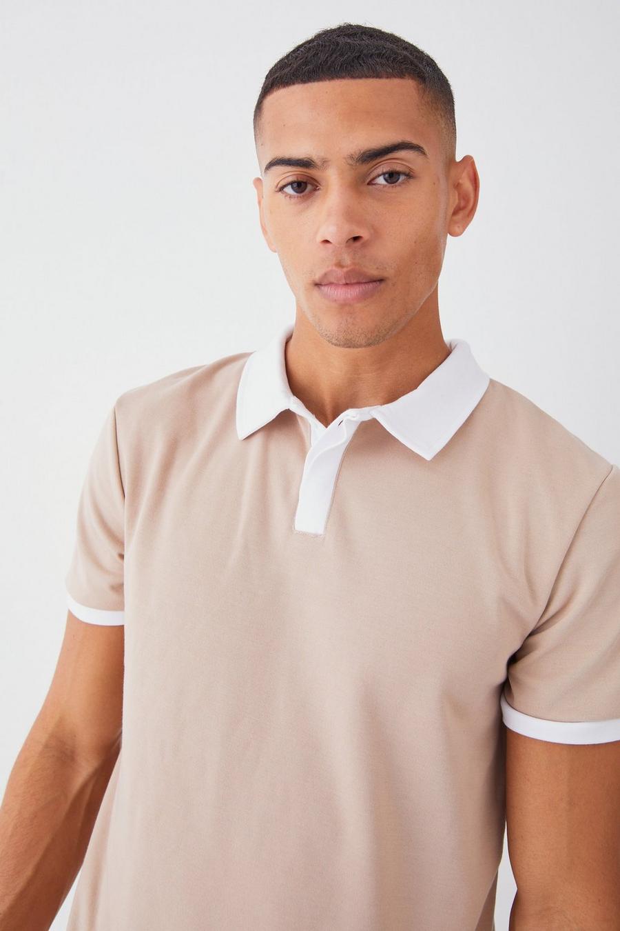Taupe Slim Fit Interlock Contrast Collar Polo  image number 1