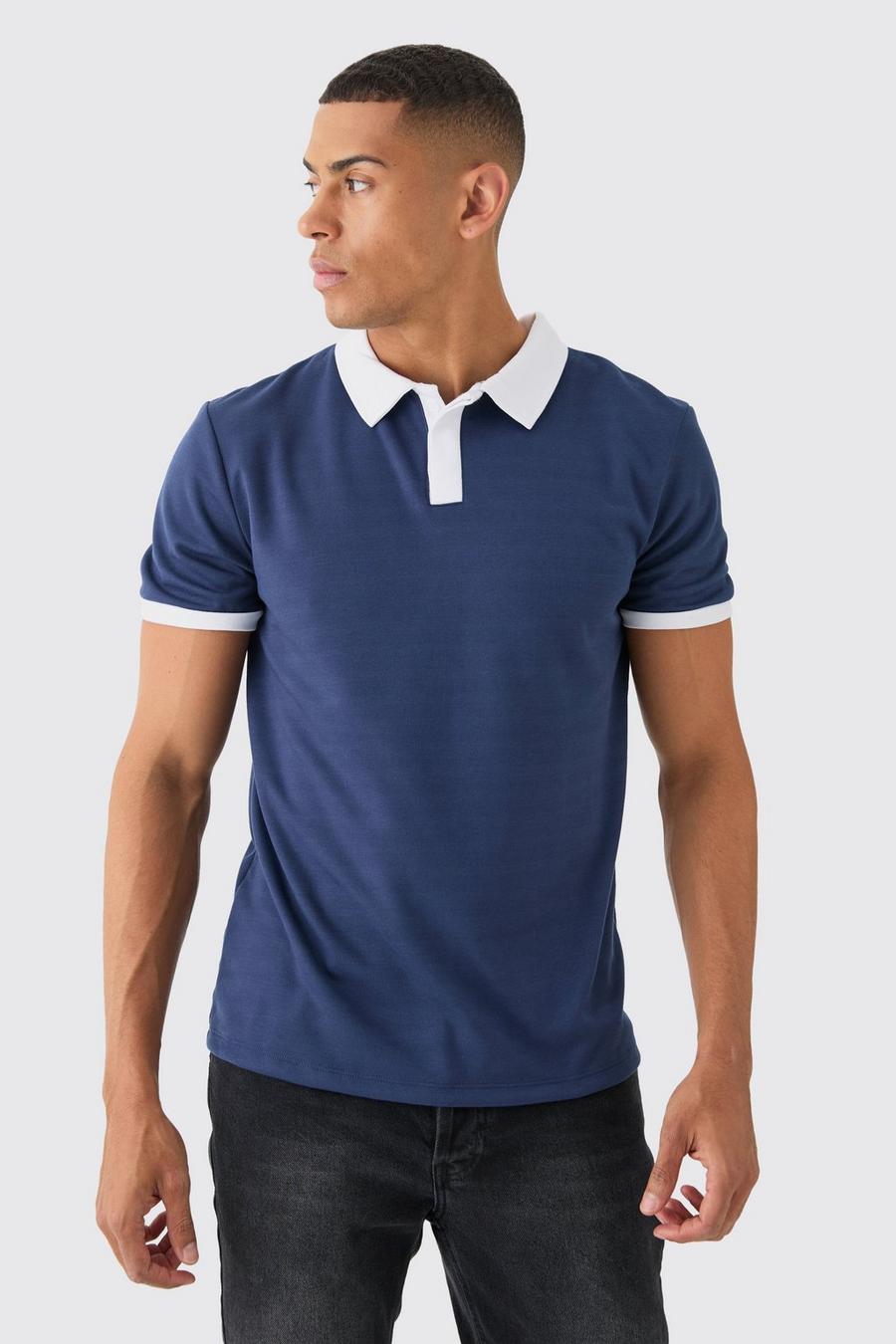 Slim-Fit Poloshirt mit Kontrast-Kragen, Navy image number 1