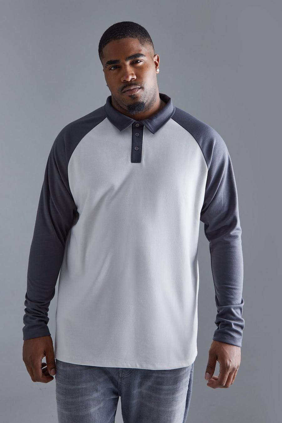 Plus langärmliges Slim-Fit Raglan Colorblock Poloshirt, Light grey image number 1
