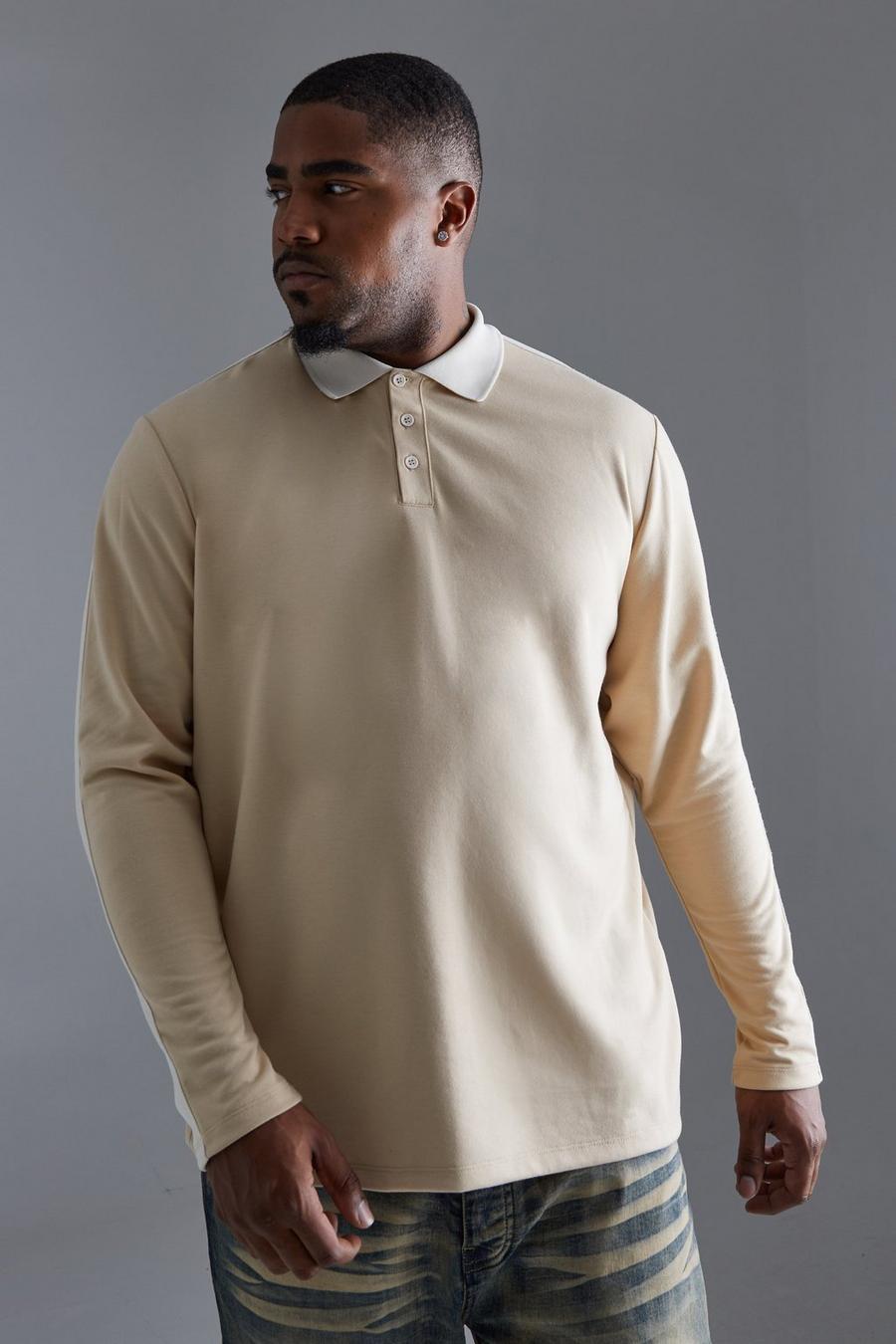 Polo Plus Size Man Slim Fit a maniche lunghe in maglia intrecciata con striscia, Camel image number 1