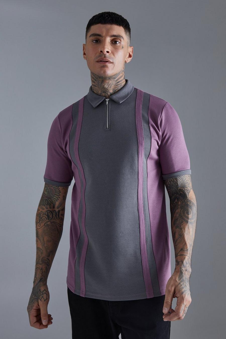 Charcoal Tall Slim Panelled Zip Neck Interlock Polo image number 1