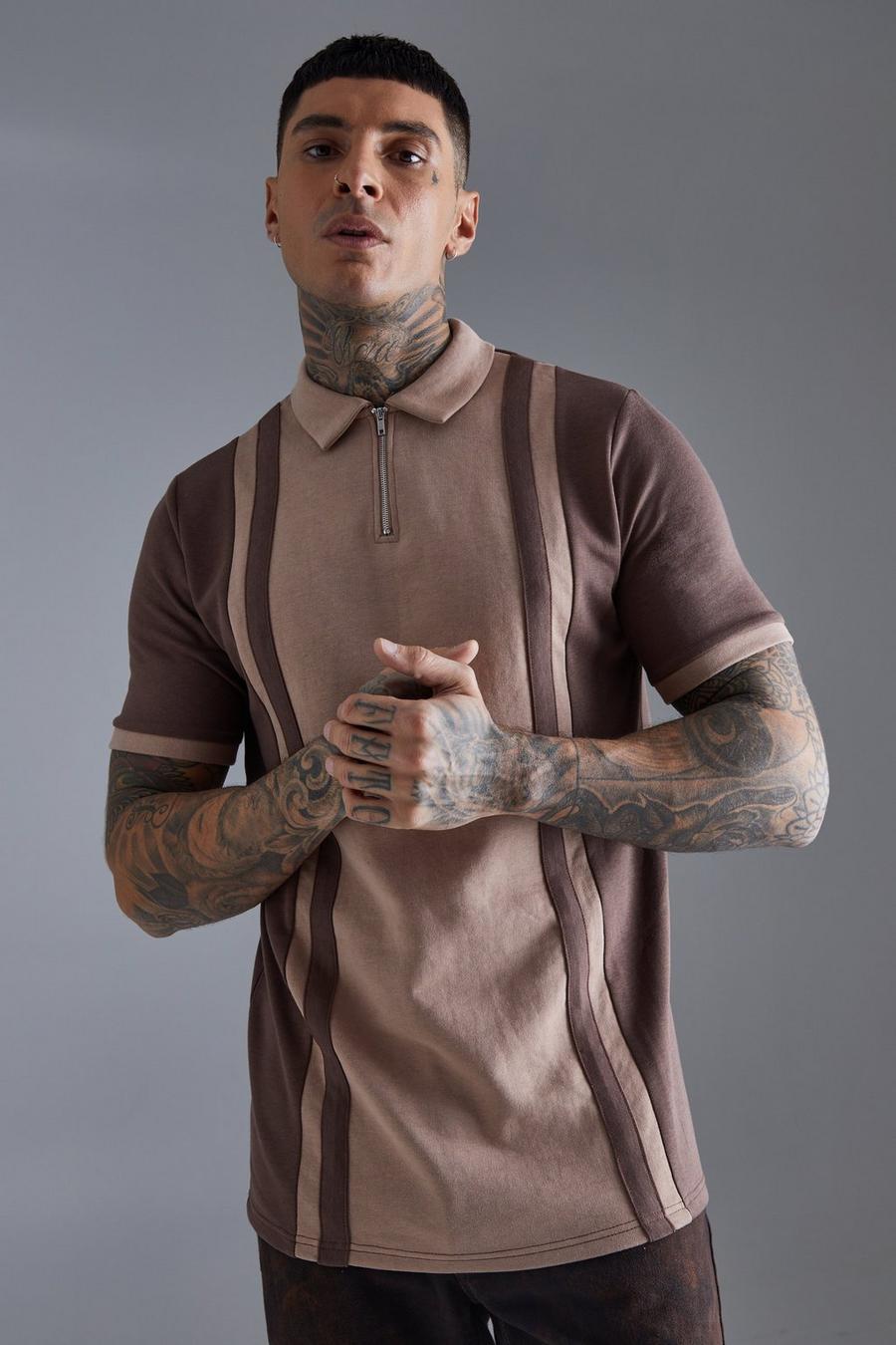 Taupe Tall Slim Panelled Zip Neck Interlock Polo image number 1