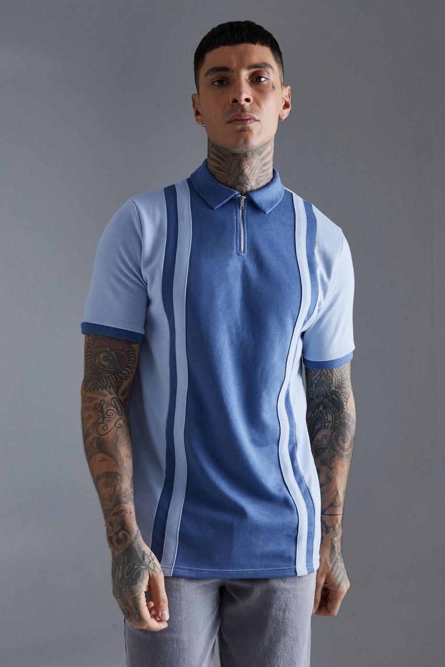Tall Slim-Fit Poloshirt aus Interlock-Jersey mit Reißverschluss, Blue
