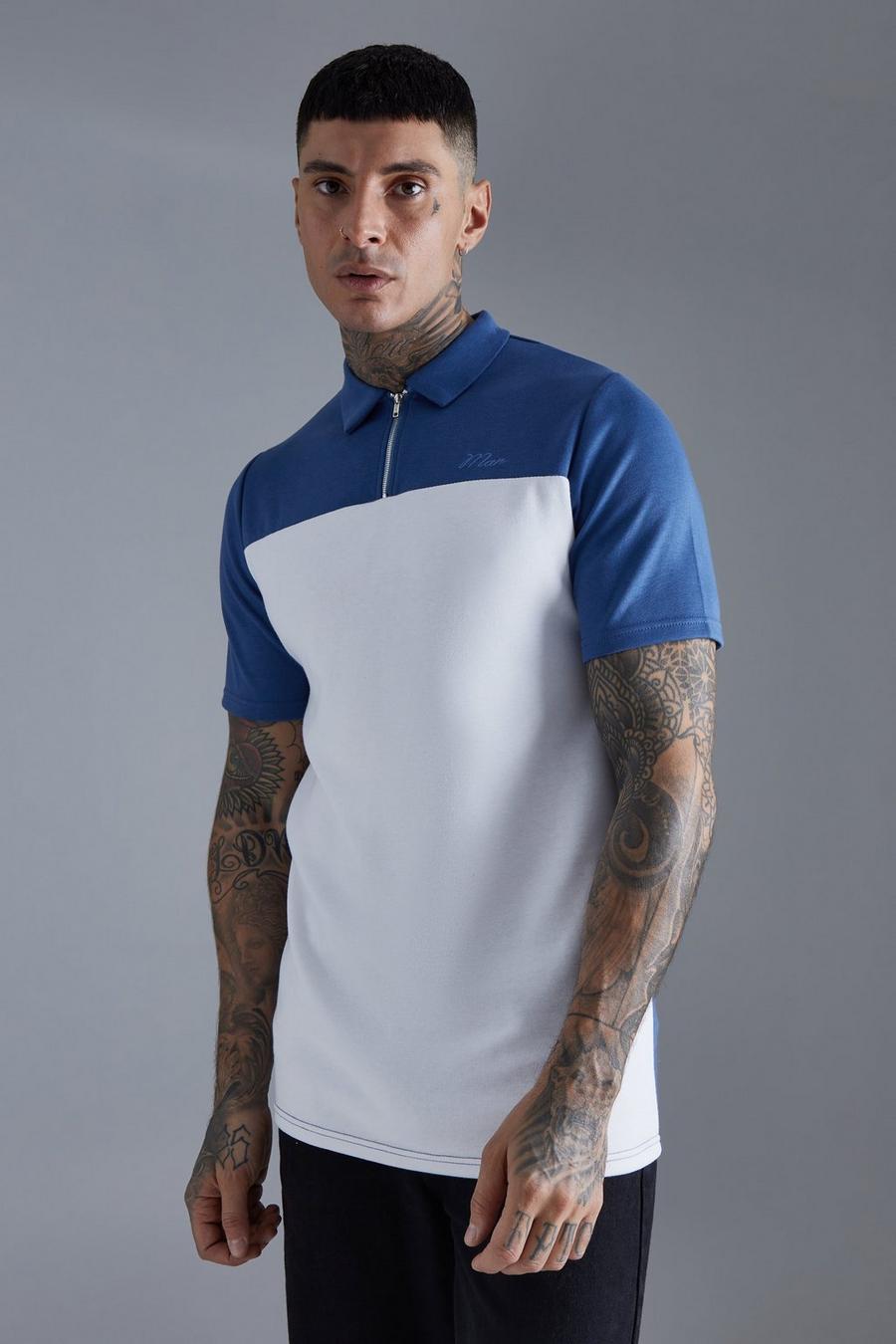 Blue Tall Verweven Color Block Slim Fit Polo image number 1