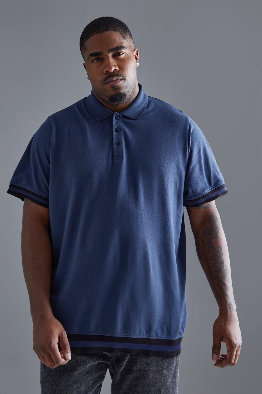 Navy Plus Gestreepte Pique Polo image number 1