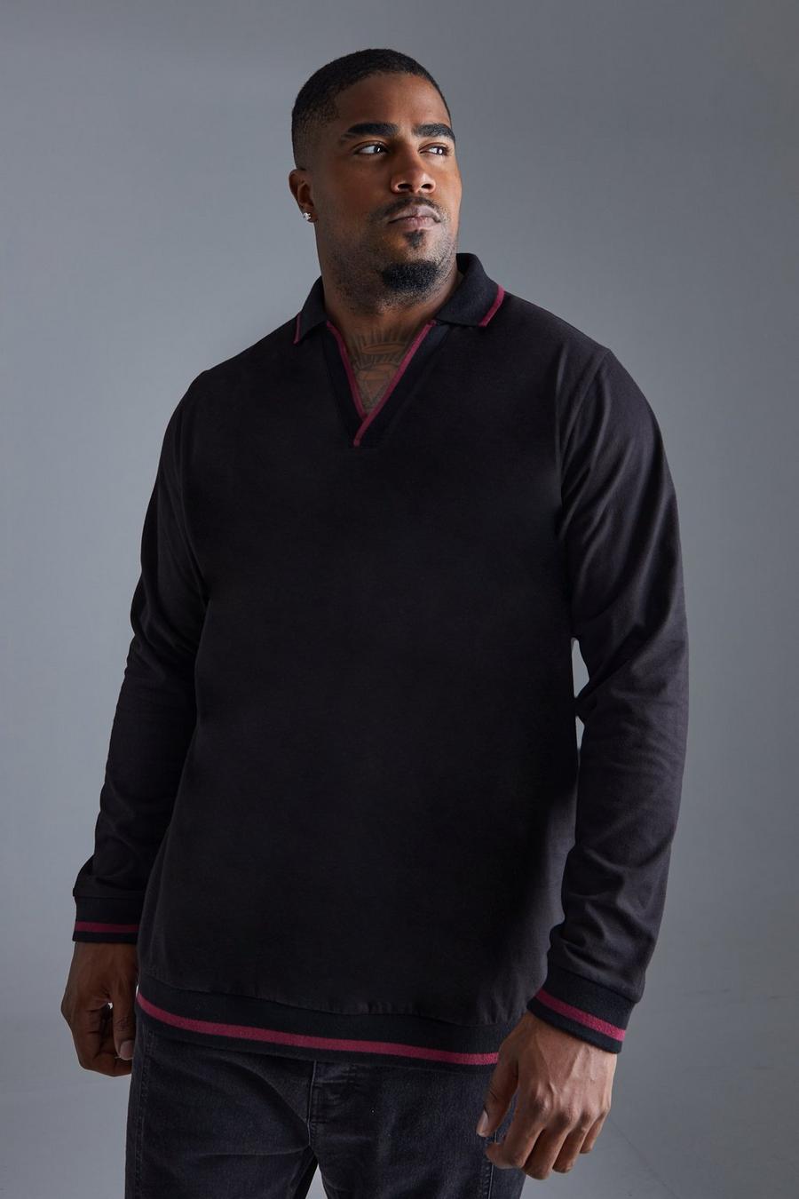 Black Plus Long Sleeve V Neck Polo