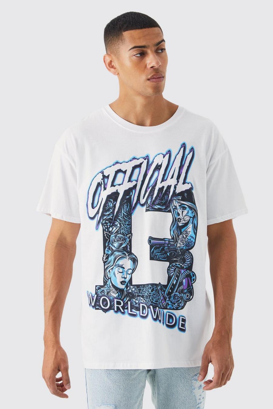 T-shirt oversize con grafica Worldwide, White image number 1