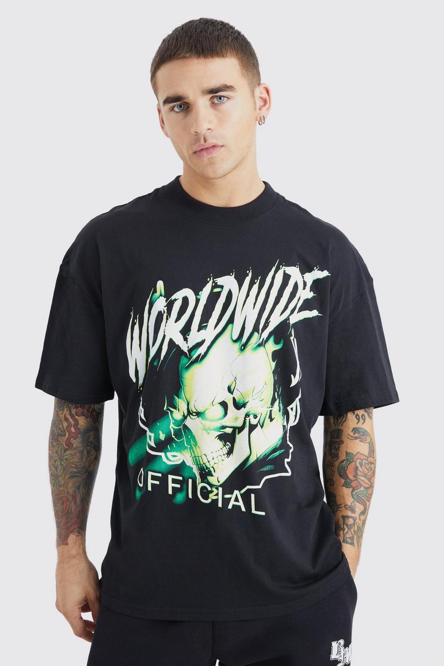 Black Oversized Worldwide Skull Graphic Ex T-shirt image number 1