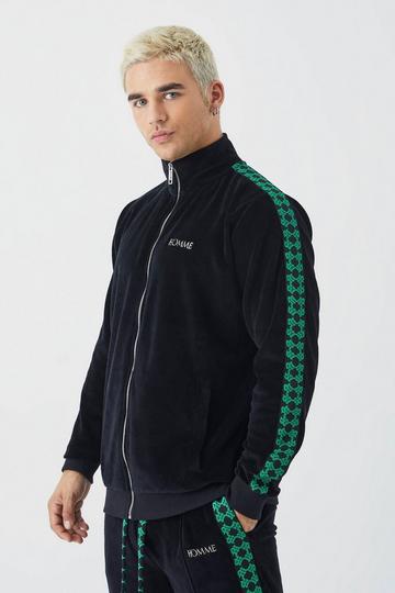 Black Velour Zip Through Jacquard Tape Track Top