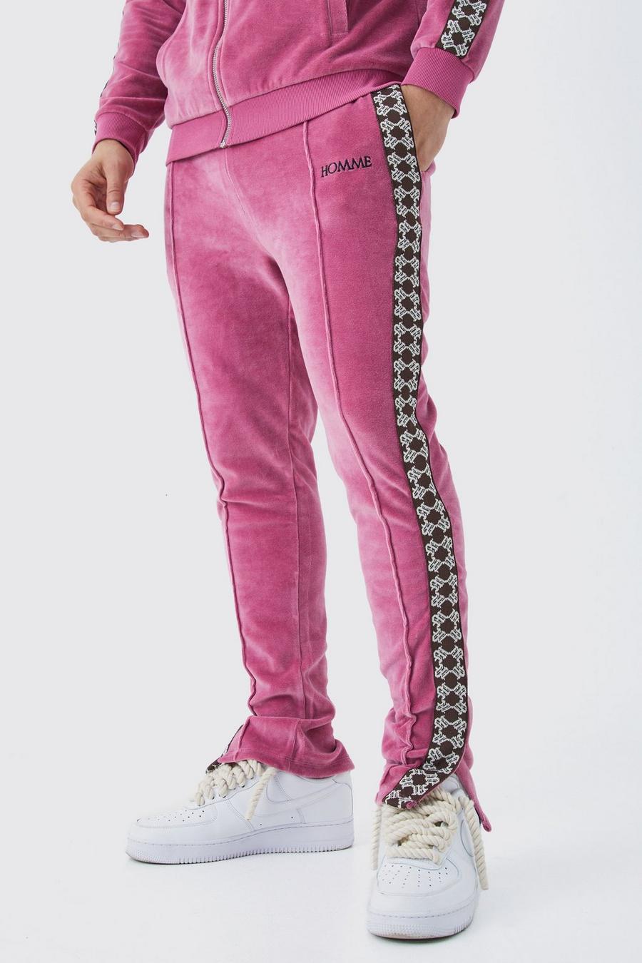 Pantalón deportivo ajustado de velvetón y jacquard con cinta, Mauve image number 1