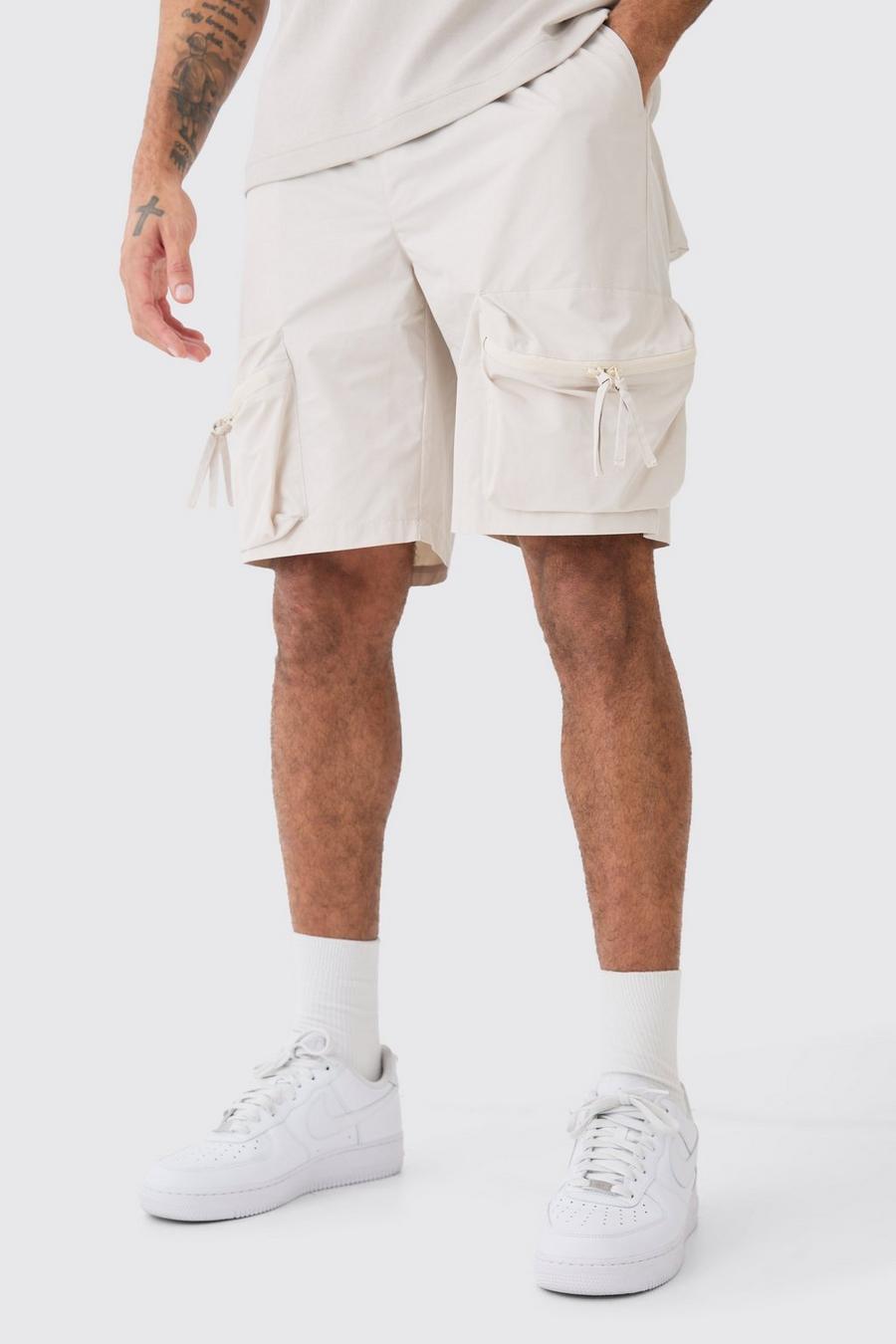 Pantalón corto cargo 3D holgado con cintura elástica, Stone