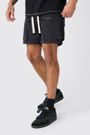 Black Elasticated Waist Crinkle Nylon Zip Cargo Short