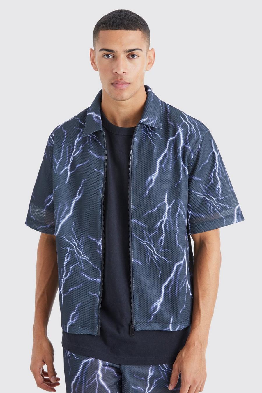 Camicia squadrata in rete in Scuba con zip e grafica, Black