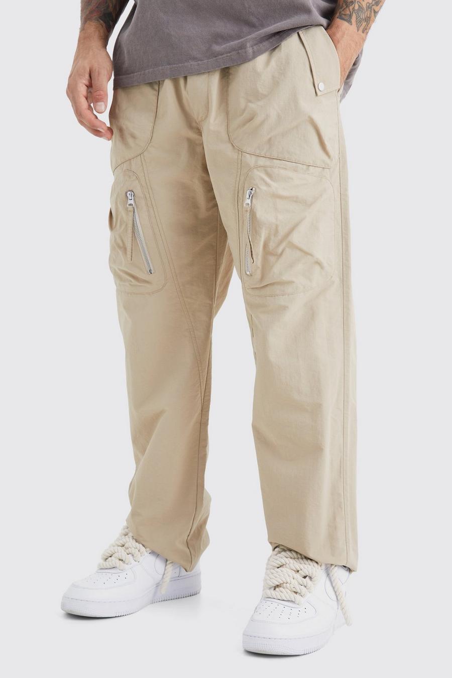 Pantalón cargo 3D holgado con cintura elástica, Khaki image number 1