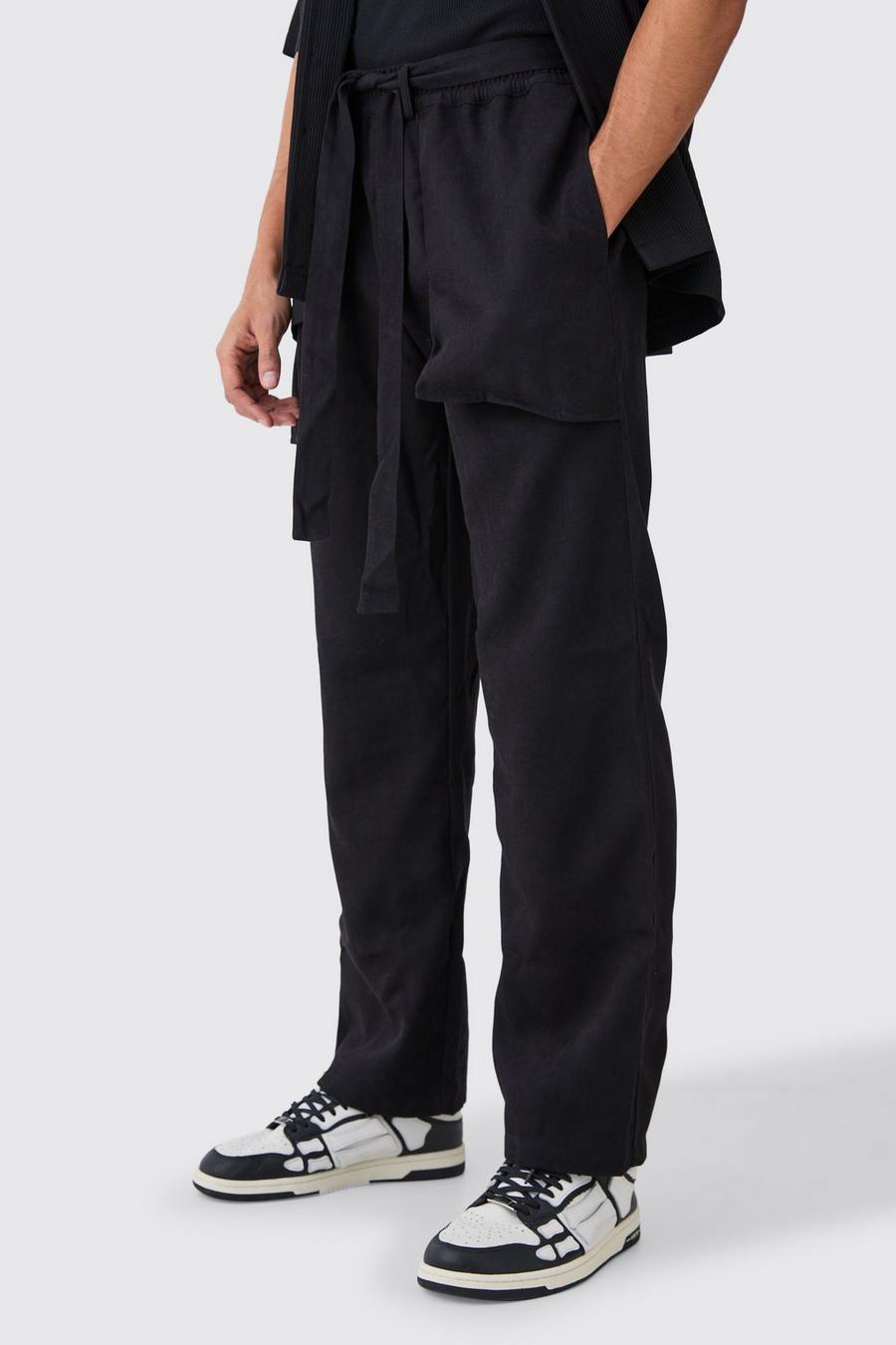 Black Elastic Waist Peached Relaxed Fit Pants